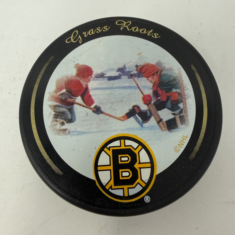 Boston Bruins NHL Hockey Puck In Glas Co Grass Roots Collectible Made Slovakia